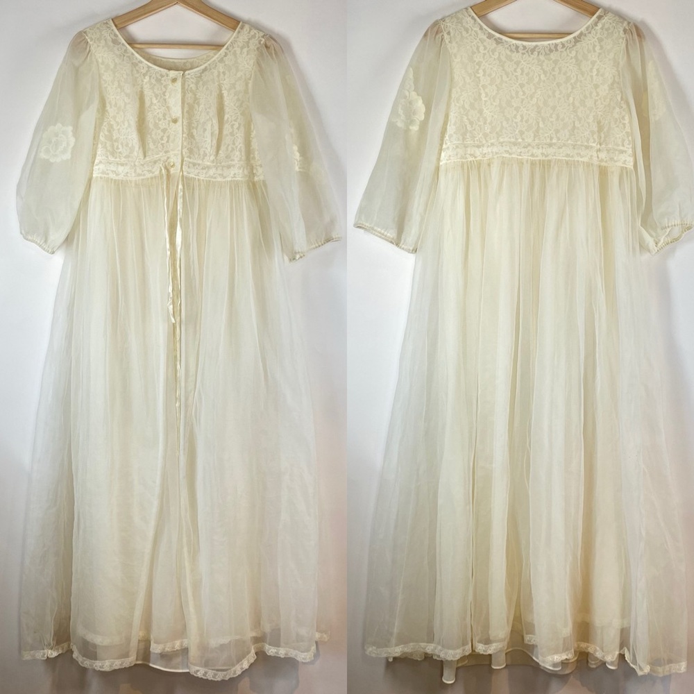 Sheer Lace Bodice Long Nightgown - Cream